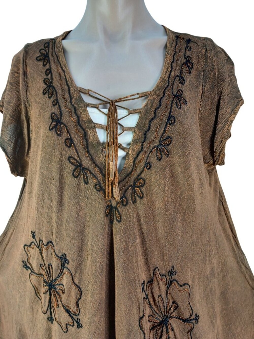 Riviera Sun Womens Plus Size Brown Embroidered Tunic Dress Size 2X Lace Up Boho - Picture 3 of 11